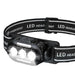 Black LED headlight with three bright lights on a dark background.